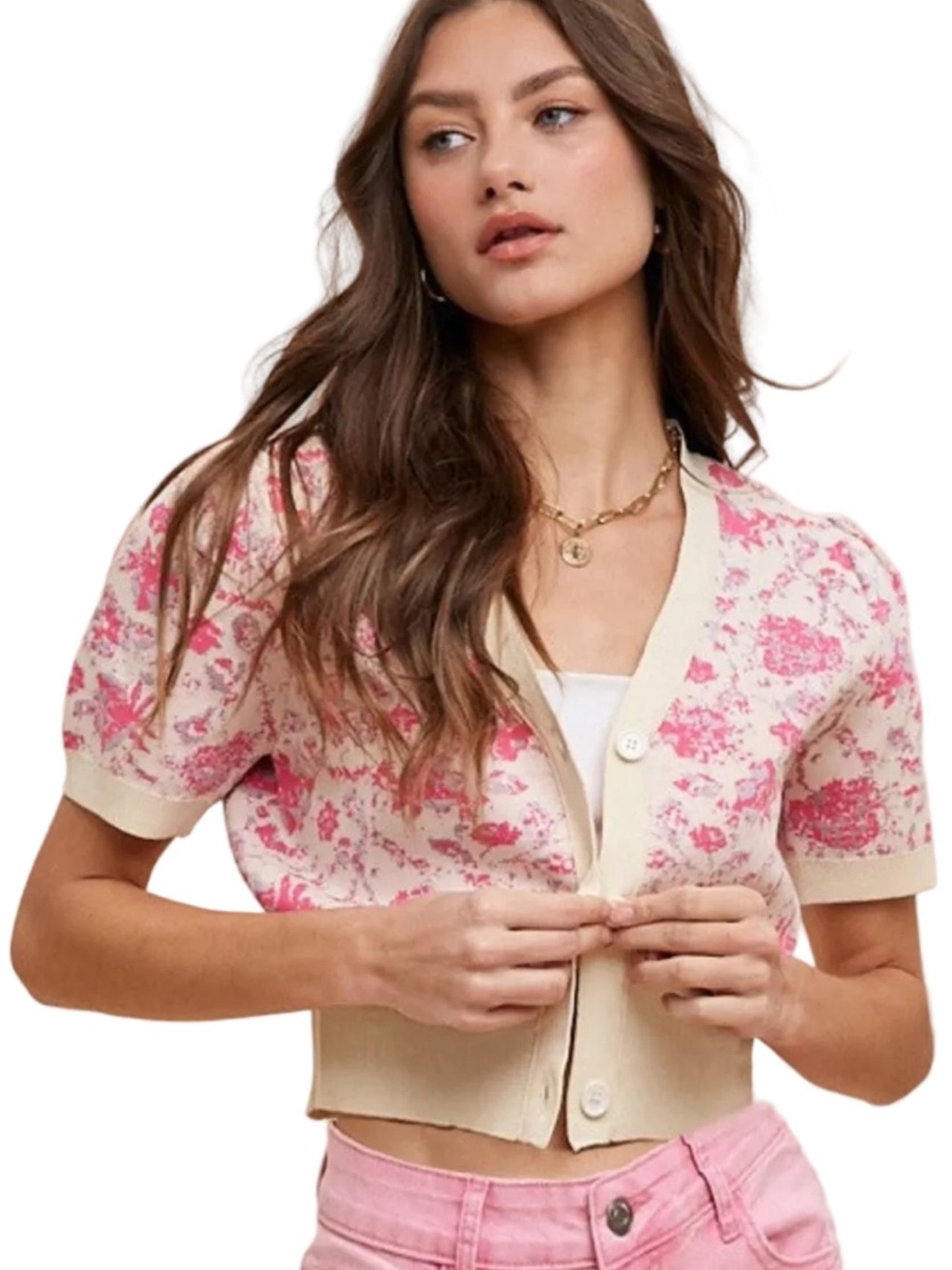 NWT | AnnieWear | Pink Floral Short-Sleeve Cardigan with Cream Trim | L